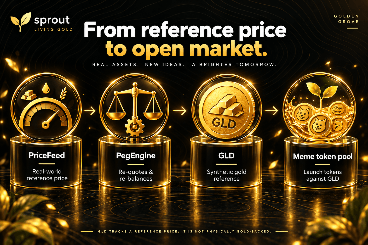 PriceFeed feeding PegEngine, which re-quotes a commodity coin that a meme token launches against