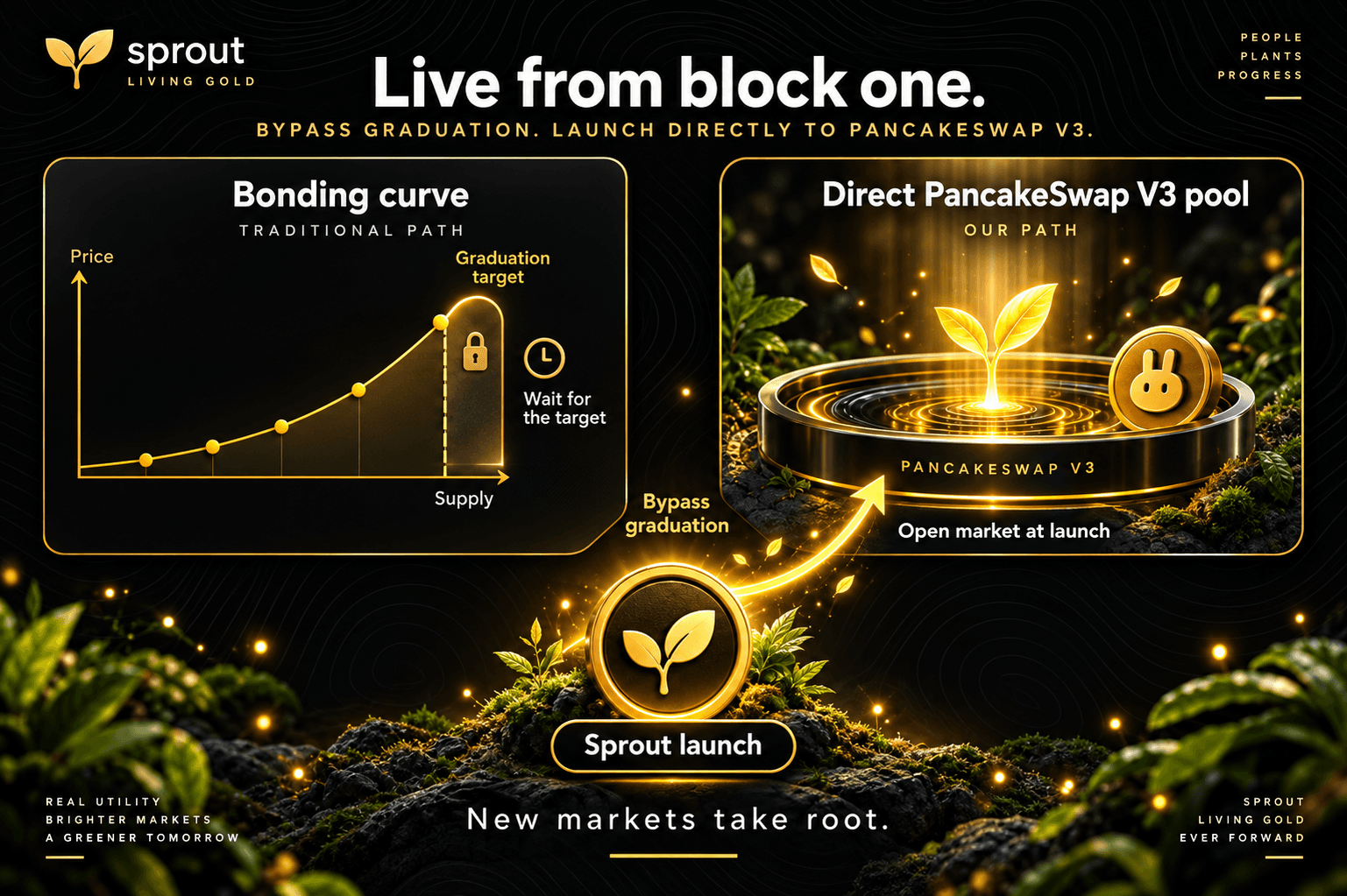 bonding-curve-then-graduate path next to Sprout's direct-to-pool path